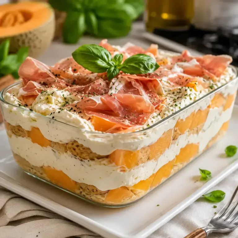 Tiramisù estivo con melone, prosciutto crudo e formaggio fresco: l’antipasto chic e rinfrescante dell’estate